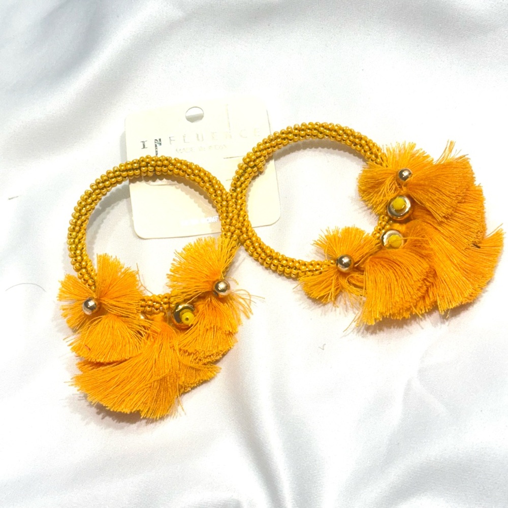 Boho Tassel Hoop Earrings Mustard Yellow Indian Ethnic Statement Jewelry Gift